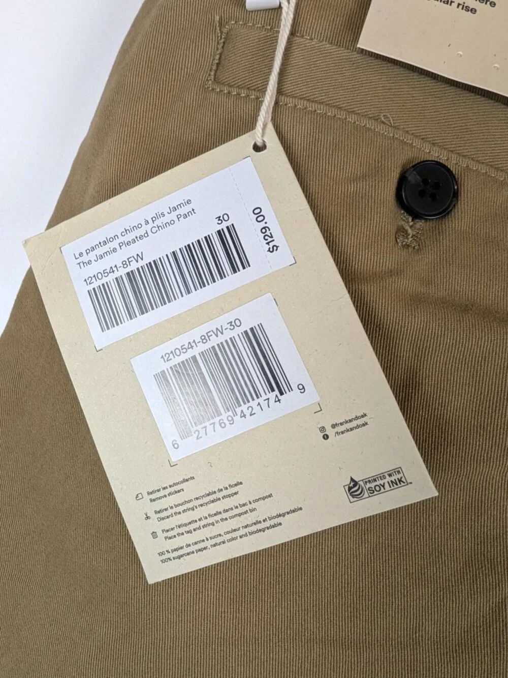 Frank & Oak Pleated Chino Pants Tan Cotton Cropped Tapered Jamie Size 30